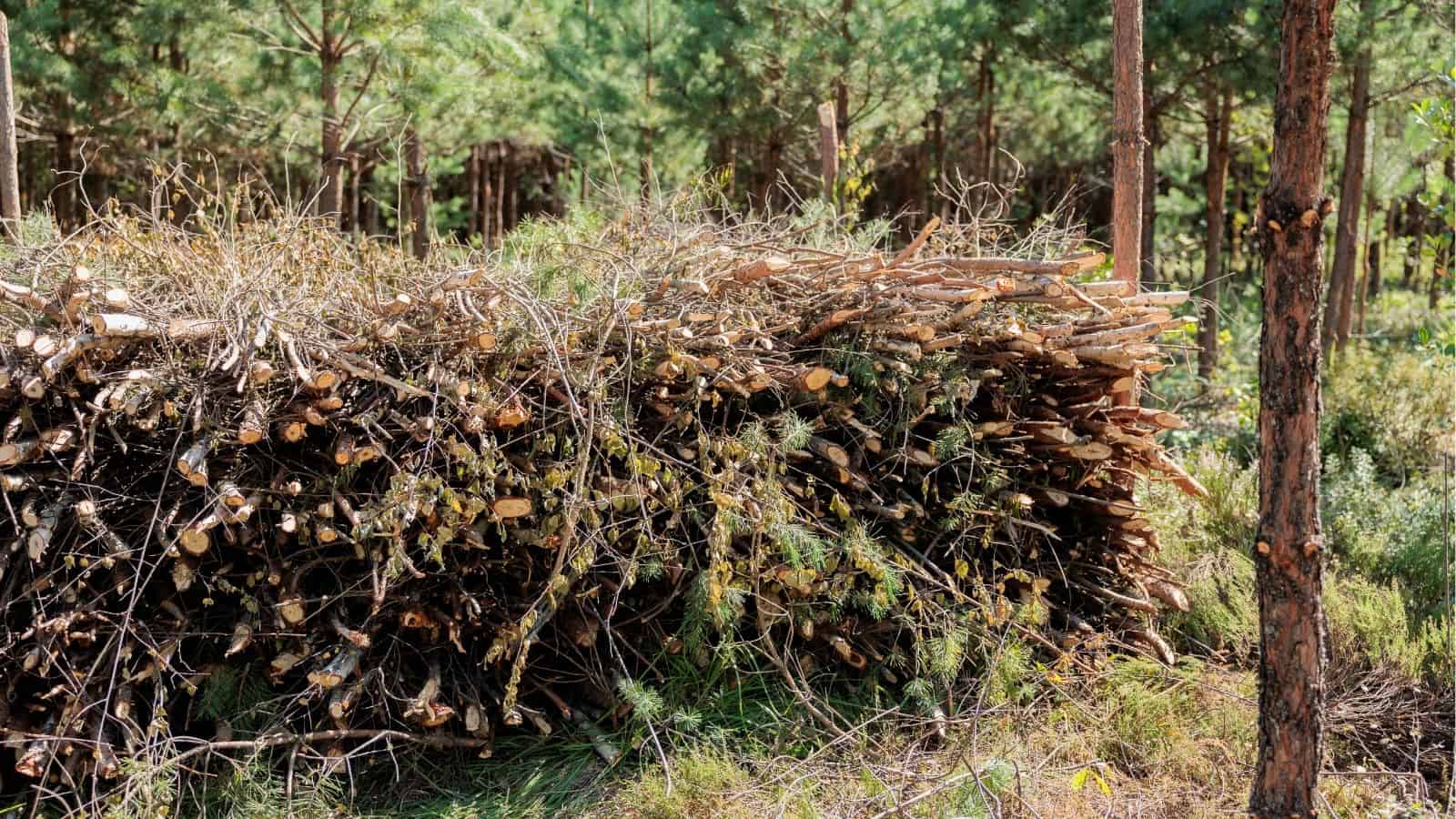 A large pile of cut branches and twigs stacked in a forest clearing, surrounded by green trees and undergrowth.