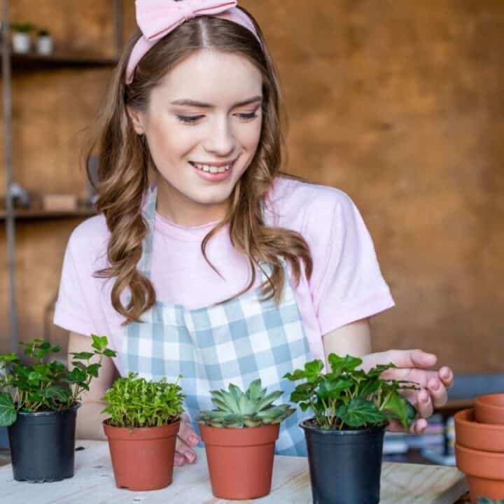 A woman wearing a pink headband and checkered apron arranges potted plants on a table in a room with shelves and books in the background.