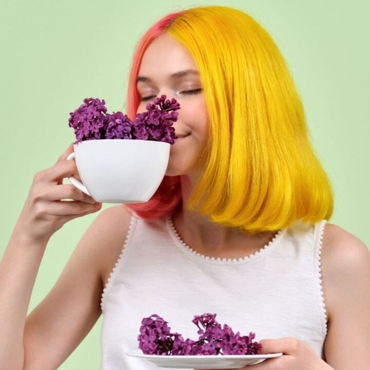 A person with yellow and pink hair holds a cup of purple flowers near their face and a plate with more flowers, against a light green background.