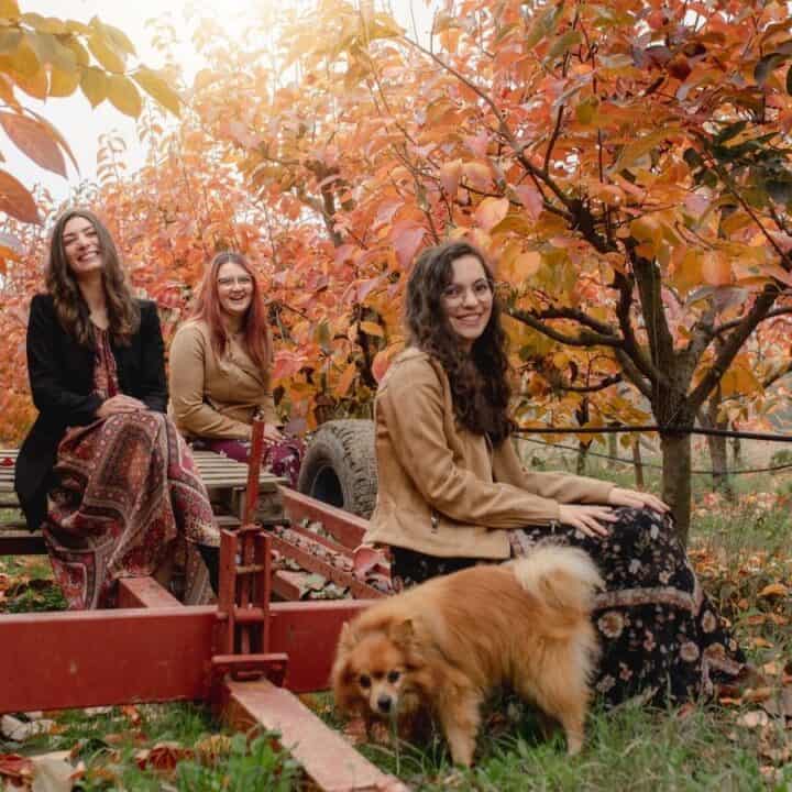 Three women in autumn outfits sit on a wagon among orange-leaved trees with a small dog standing in front of them.