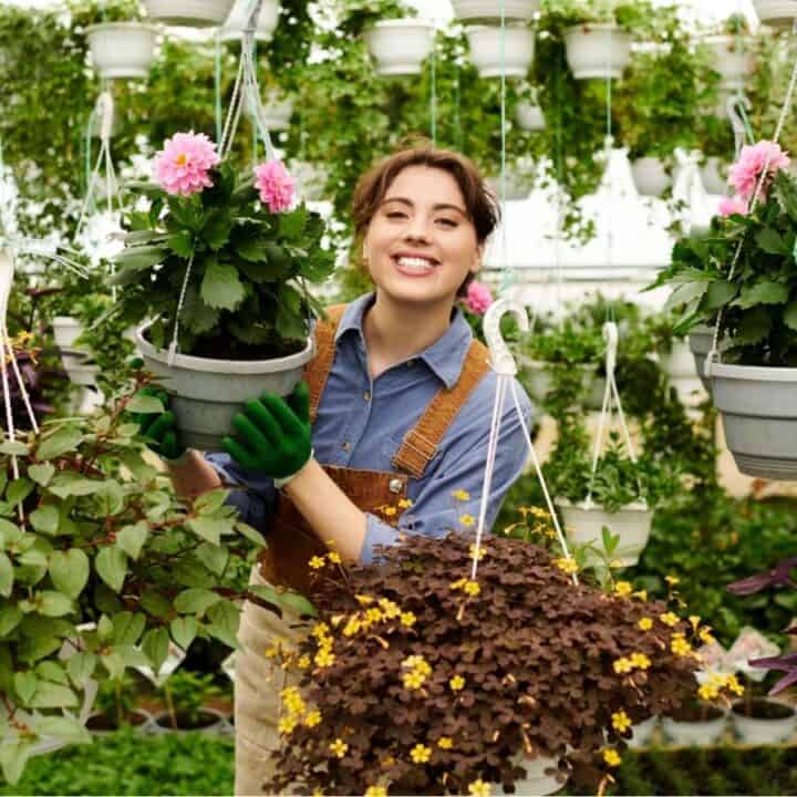 A woman in overalls and gloves holds a hanging potted plant, surrounded by various flowers and greenery in a greenhouse.