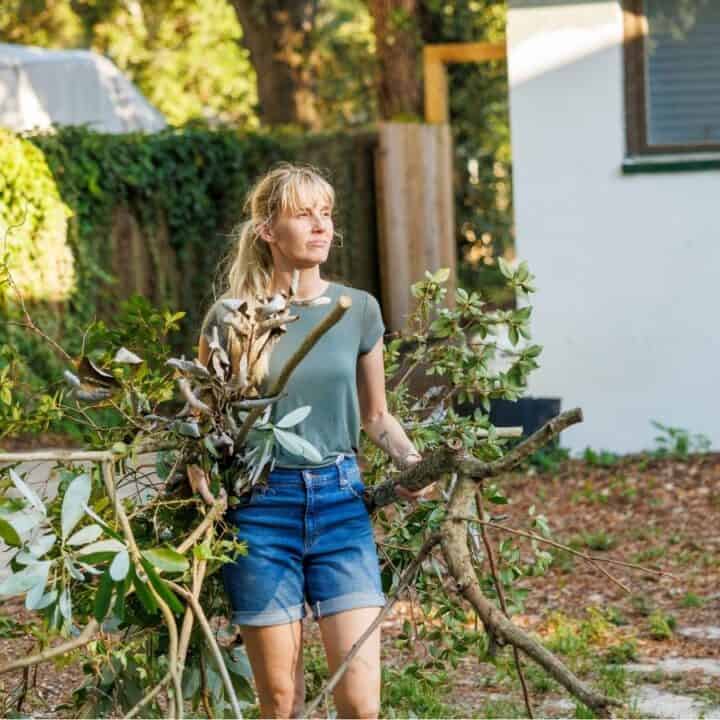 A woman wearing a green shirt and denim shorts carries large tree branches in a yard beside a white house.