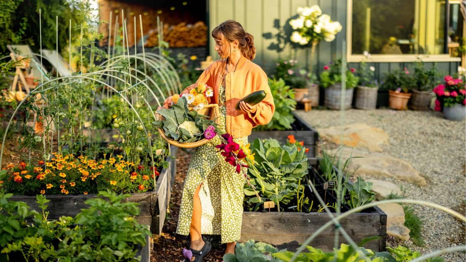 A woman stands in a garden holding a basket of harvested vegetables and flowers, surrounded by raised beds filled with various plants and flowers.