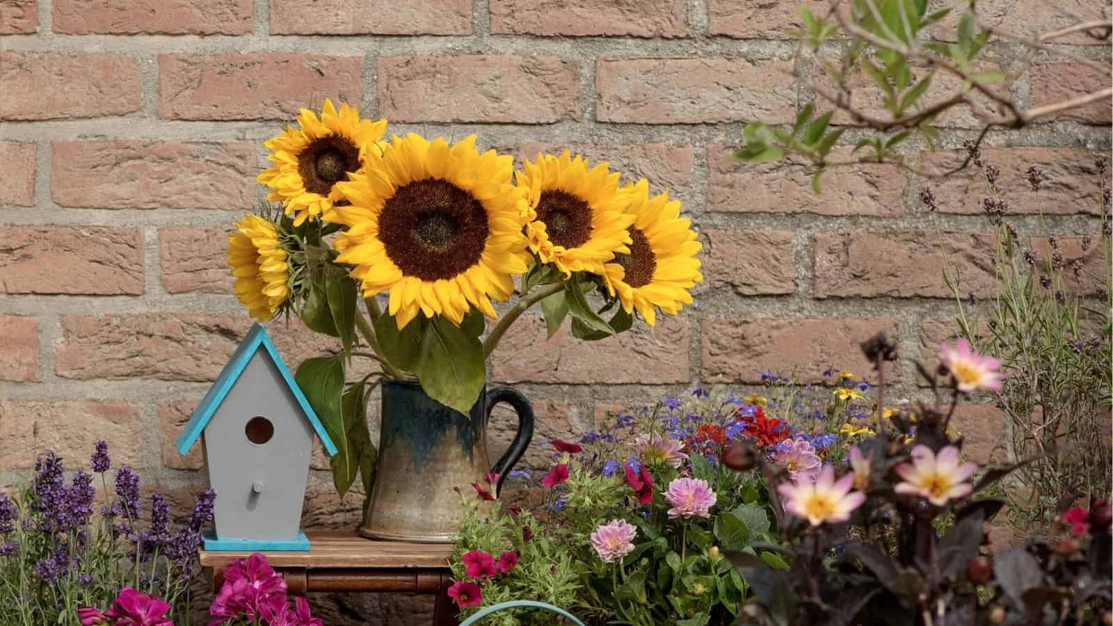 A jug of sunflowers sits on a wooden table next to a blue birdhouse, surrounded by various colorful garden flowers with a brick wall in the background.