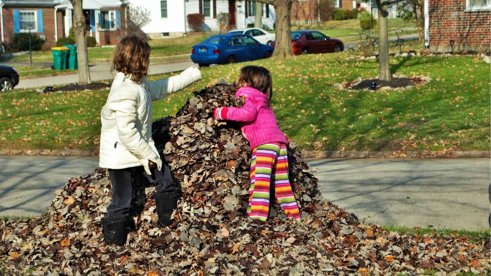 Two children play on a large pile of autumn leaves by the roadside in a suburban neighborhood.