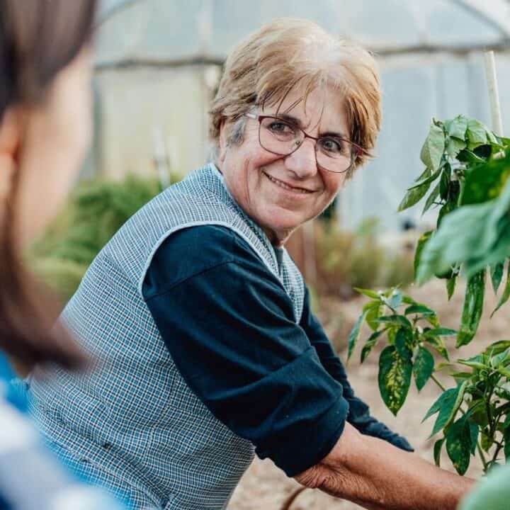 An older woman wearing glasses tends to plants in a greenhouse while another person looks on in the foreground.