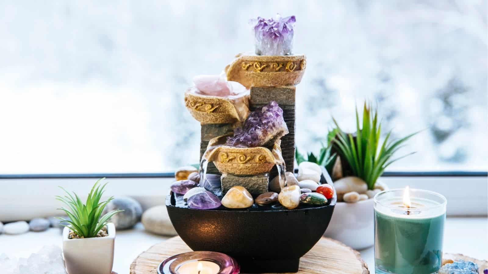 A tabletop fountain with crystals, stones, and plants sits on a wooden surface beside lit candles, against a blurred window background.