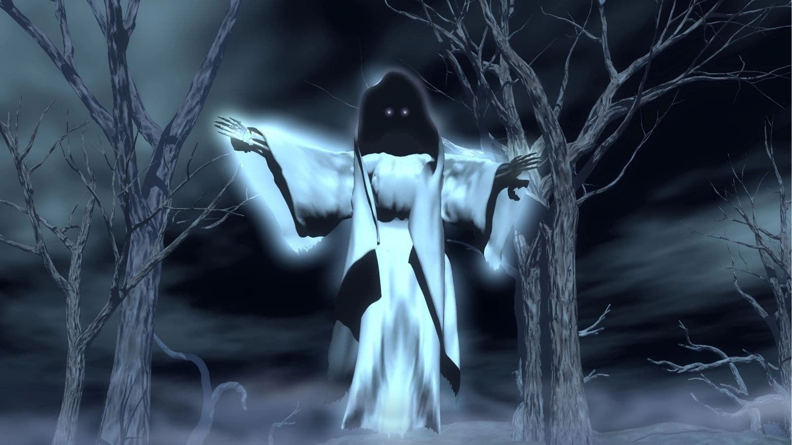 A ghostly figure in a white robe with glowing eyes appears between leafless trees in a foggy, dark landscape.