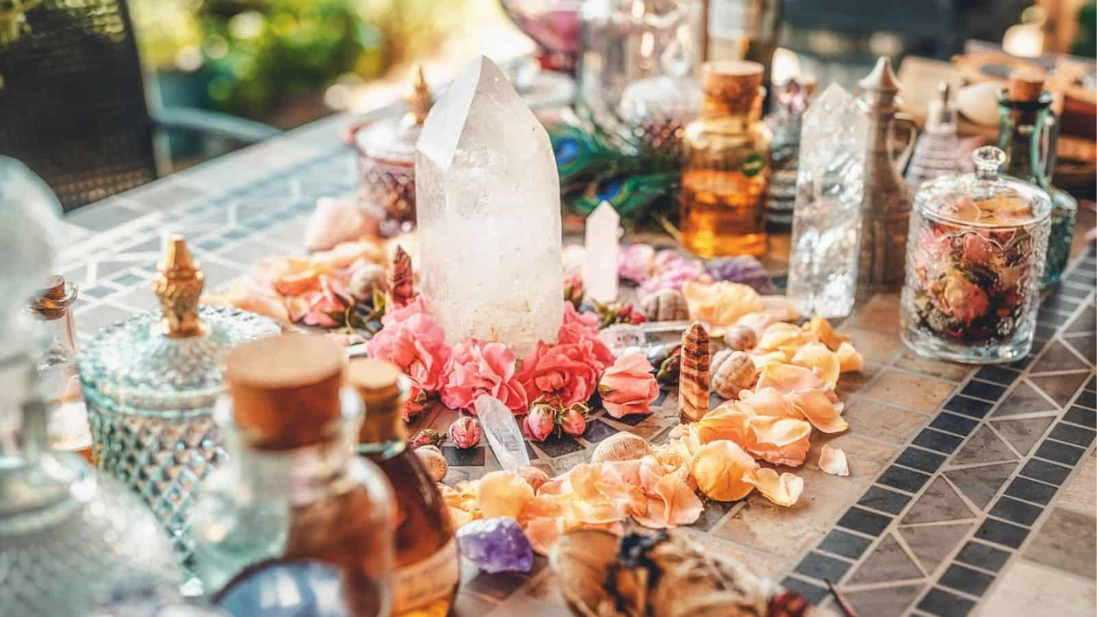 A large crystal surrounded by rose petals, small crystals, and glass bottles arranged on a mosaic table outdoors.