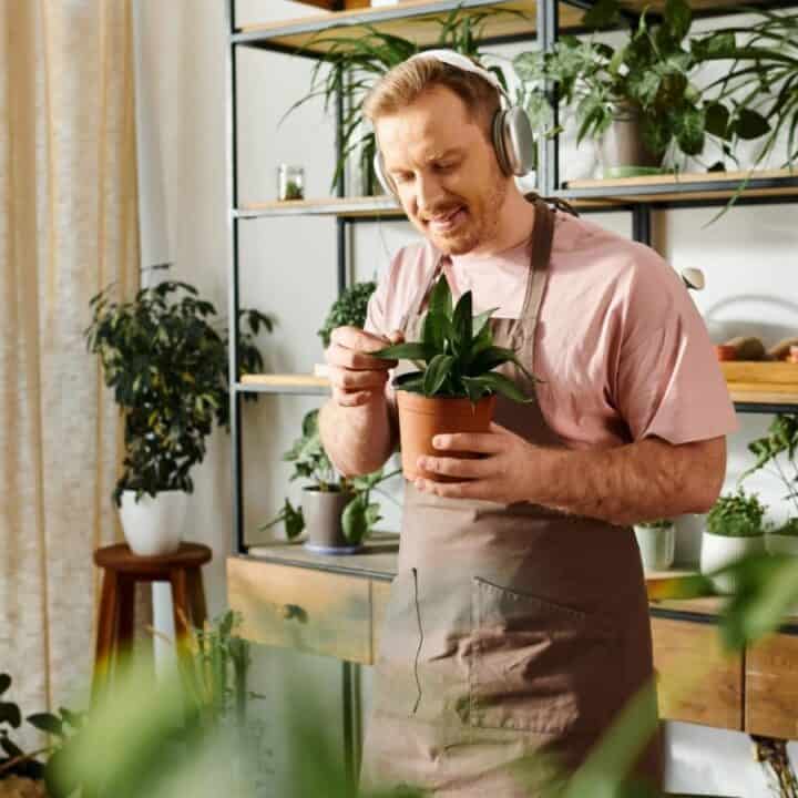 A man wearing headphones and an apron tends to a potted plant in a room filled with various indoor plants and natural light.