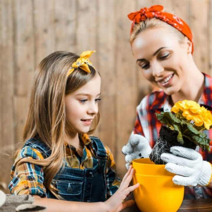 An adult and a child wearing plaid shirts and headbands are planting a yellow flower in a yellow pot, sitting at a wooden table indoors.