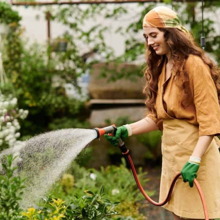Woman in a brown shirt and apron waters plants in a garden with a hose, wearing green gloves and a headscarf.