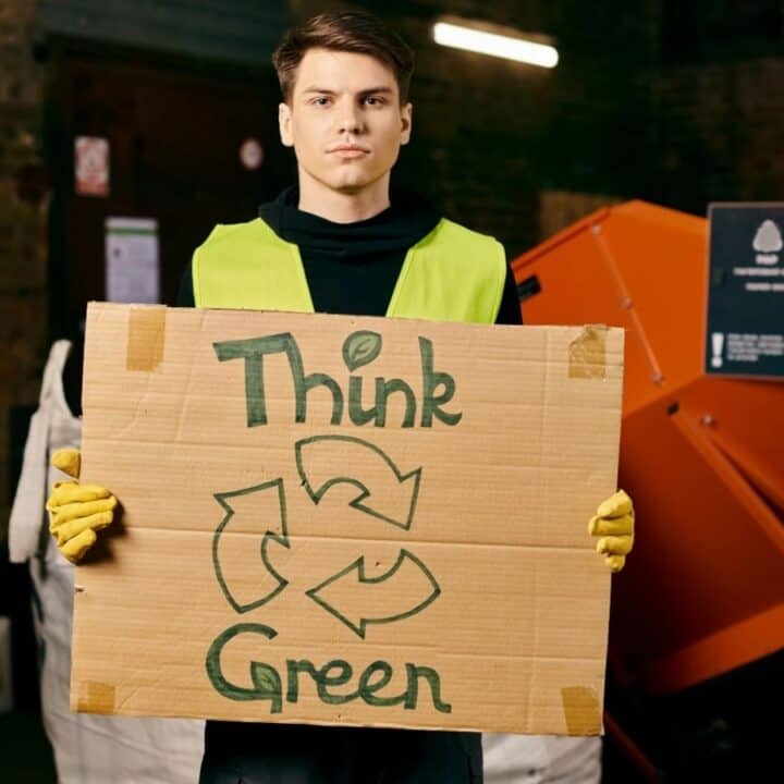A person in a yellow safety vest holds a cardboard sign that reads "Think Green" with a recycling symbol, standing in what appears to be an industrial recycling facility.