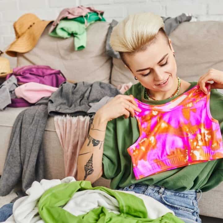 A person sits in front of a couch holding up a colorful crop top, surrounded by clothes and bags in a living room.