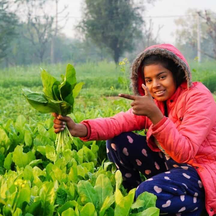 A young woman in a pink jacket crouches in a green field, holding and pointing to a bunch of freshly picked leafy greens.