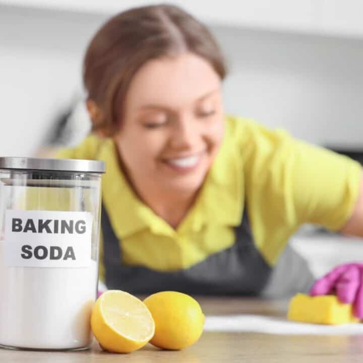 A woman wearing pink gloves cleans a countertop with a yellow sponge, using baking soda and lemons. A labeled jar of baking soda and two lemons are on the counter.