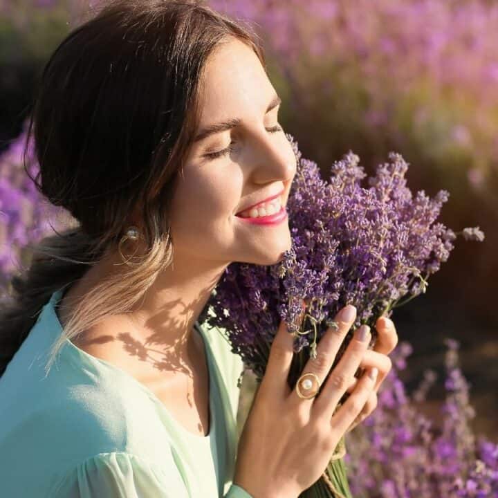 A woman in a light green top holds and smells a bouquet of lavender flowers, standing in a blooming lavender field with sunlight in the background.