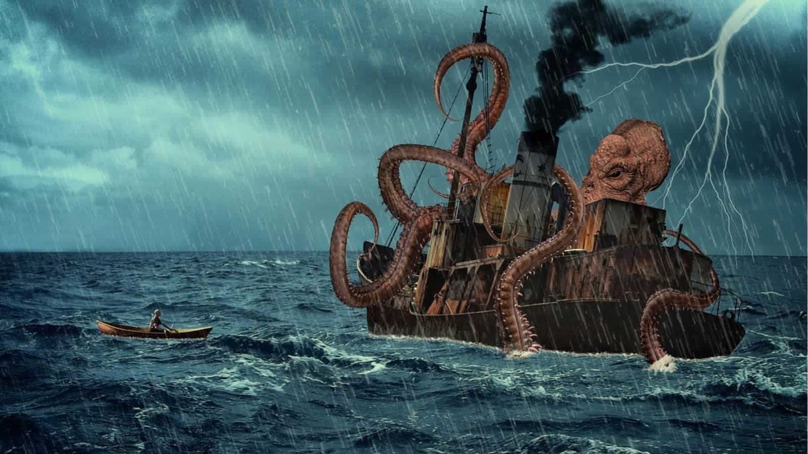 A giant octopus wraps its tentacles around a steamship during a stormy sea, while a person in a small boat looks on.
