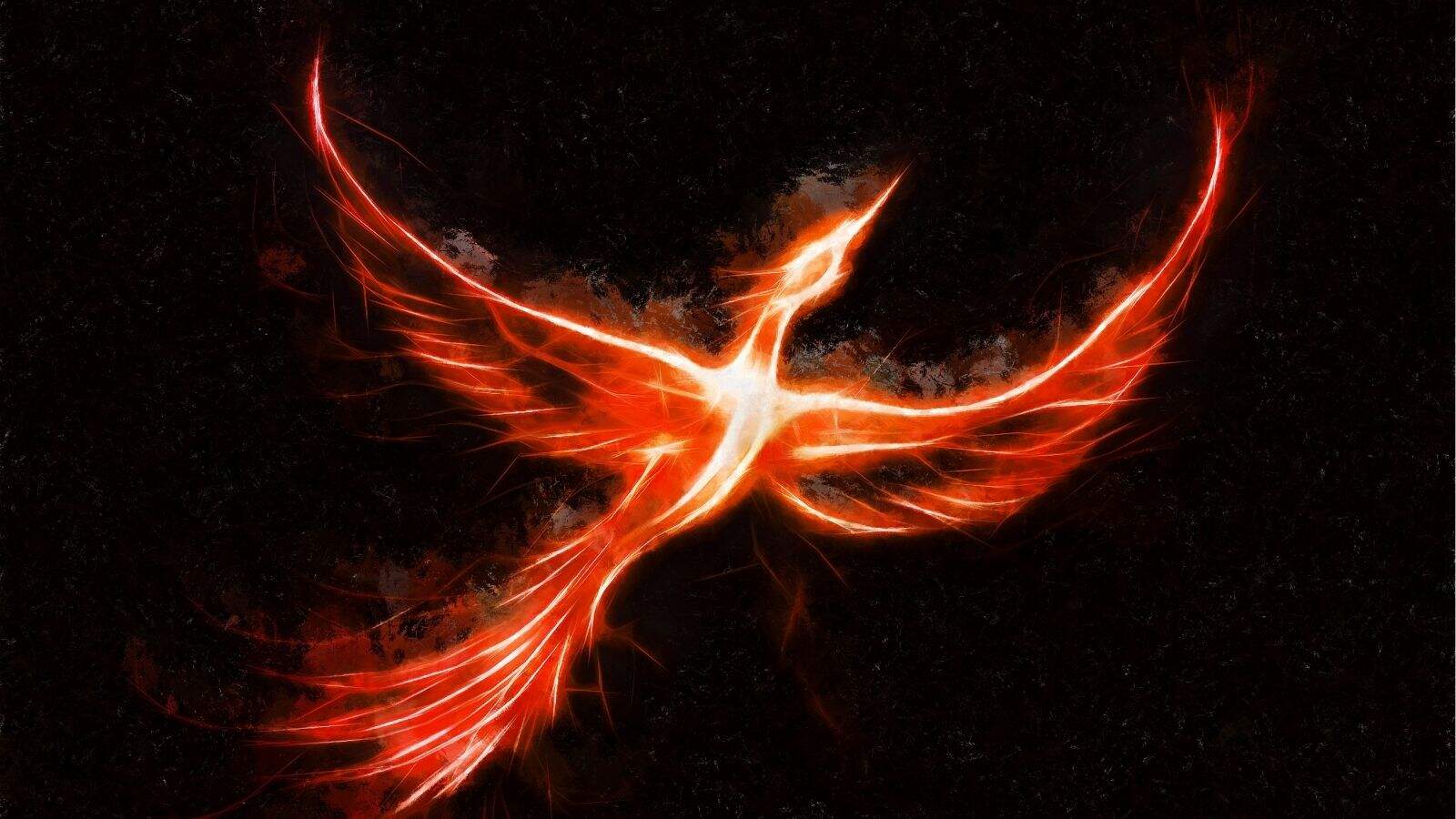 A fiery, glowing phoenix with outstretched wings appears to be rising or flying against a dark background.