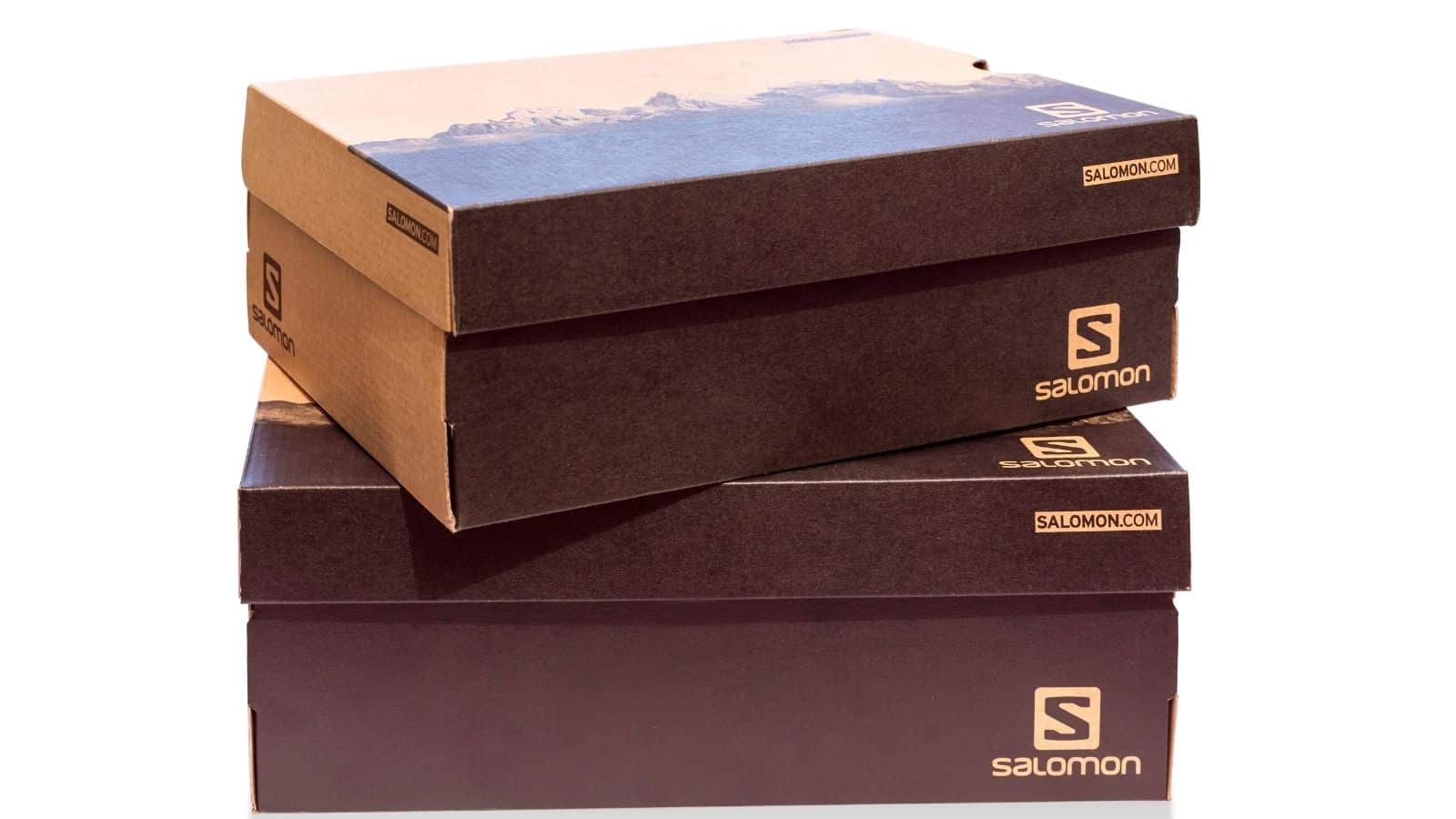 Three stacked Salomon-branded cardboard shoe boxes, two brown and one dark brown, against a white background.