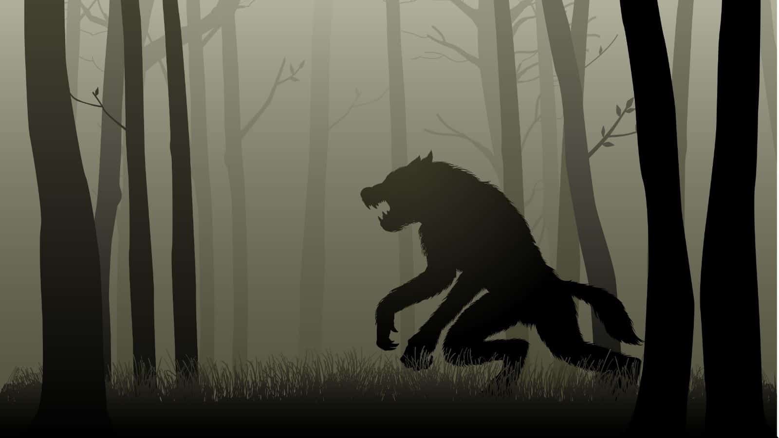A dark, wolf-like creature with sharp teeth stands on two legs in a foggy forest, surrounded by bare trees and tall grass.