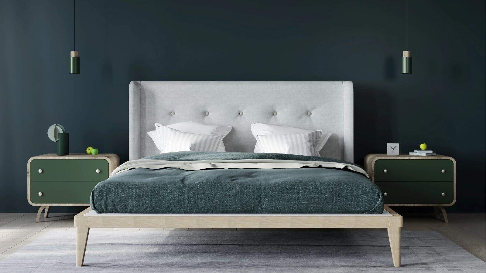 Modern bedroom with a light gray upholstered bed, dark green bedding, two green nightstands, pendant lights, and minimal decor against a dark green wall.