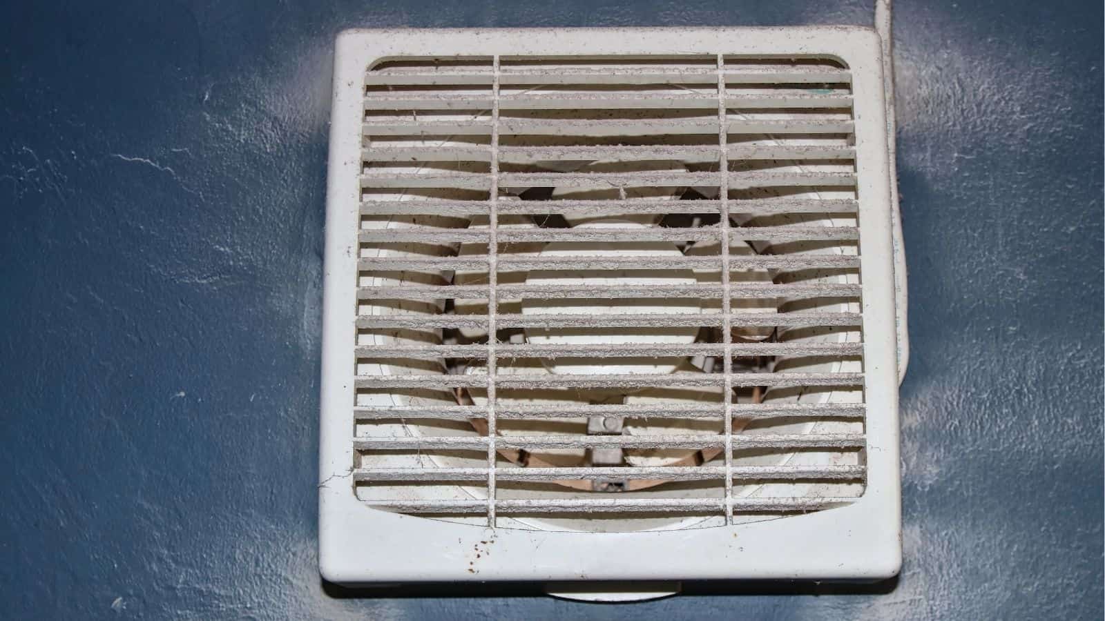 A close-up view of a white exhaust fan with visible dust and dirt buildup mounted on a blue wall.
