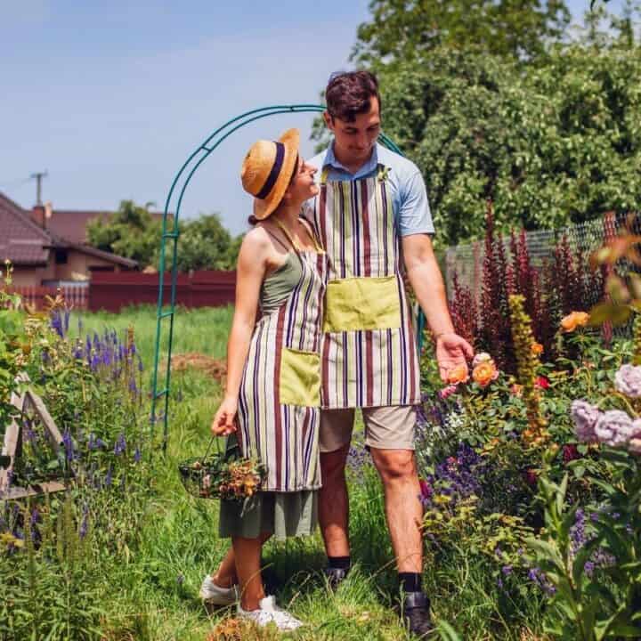 A man and woman wearing aprons stand together in a flower garden, surrounded by blooming plants, houses, and greenery on a sunny day.