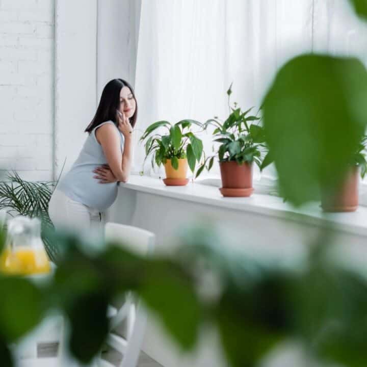 A woman stands by a windowsill with potted plants in a bright, white room, looking outside and smiling.