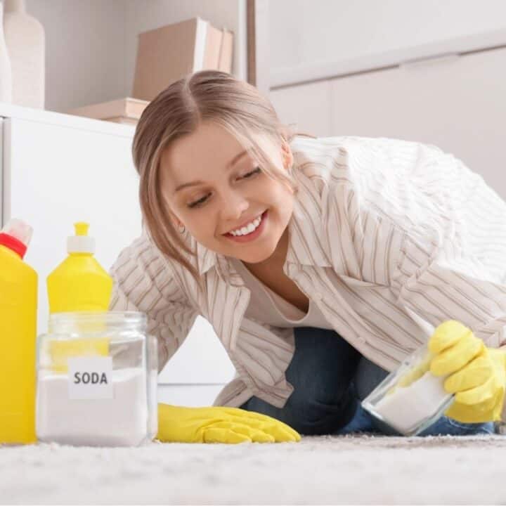 Woman wearing yellow gloves cleans a carpet using baking soda, with cleaning supplies and a scrub brush next to her.