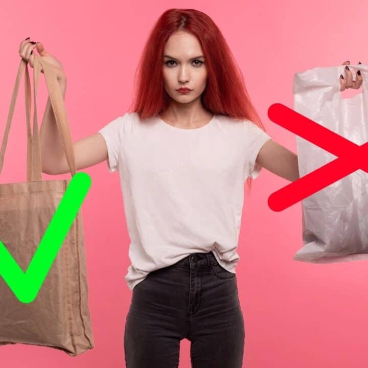 Woman holding a reusable tote bag with a green check mark and a plastic bag with a red X, promoting eco-friendly bag choice.