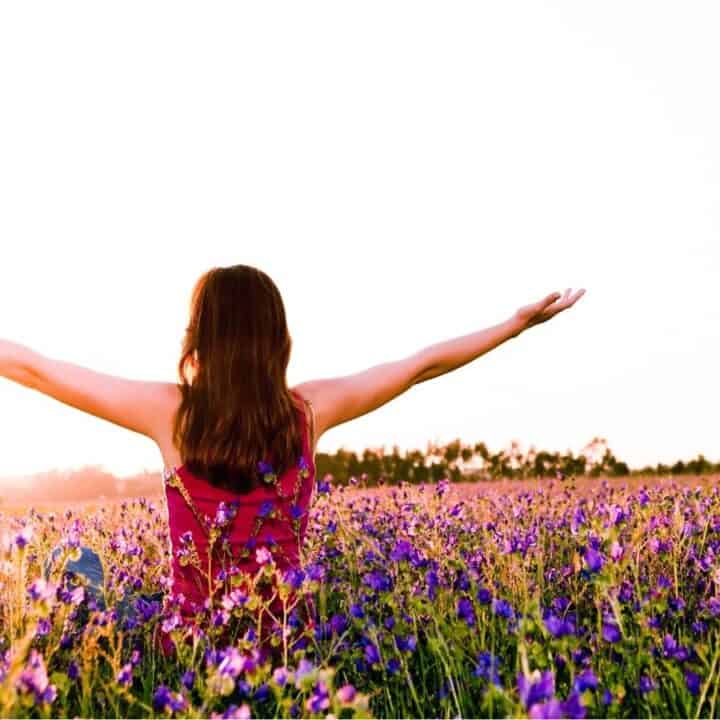 A person with long hair sits in a field of purple wildflowers with arms outstretched, facing the bright sun on the horizon.