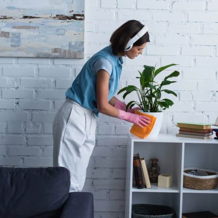 Woman wearing headphones and pink gloves waters a potted plant on a white shelf in a living room with a brick wall and decorative items.