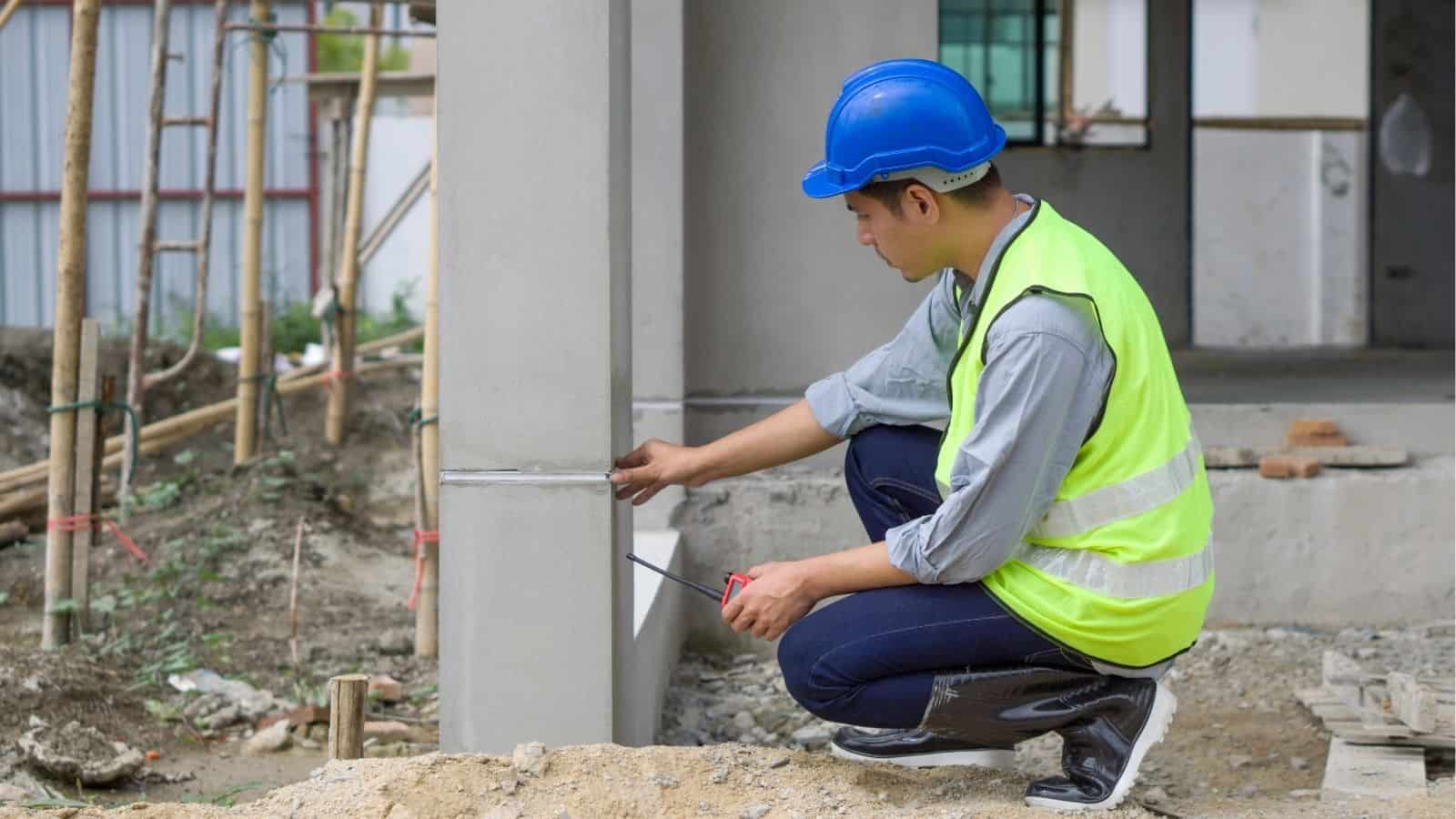 A construction worker in a blue helmet and safety vest measures a concrete column with a tape measure at a building site.