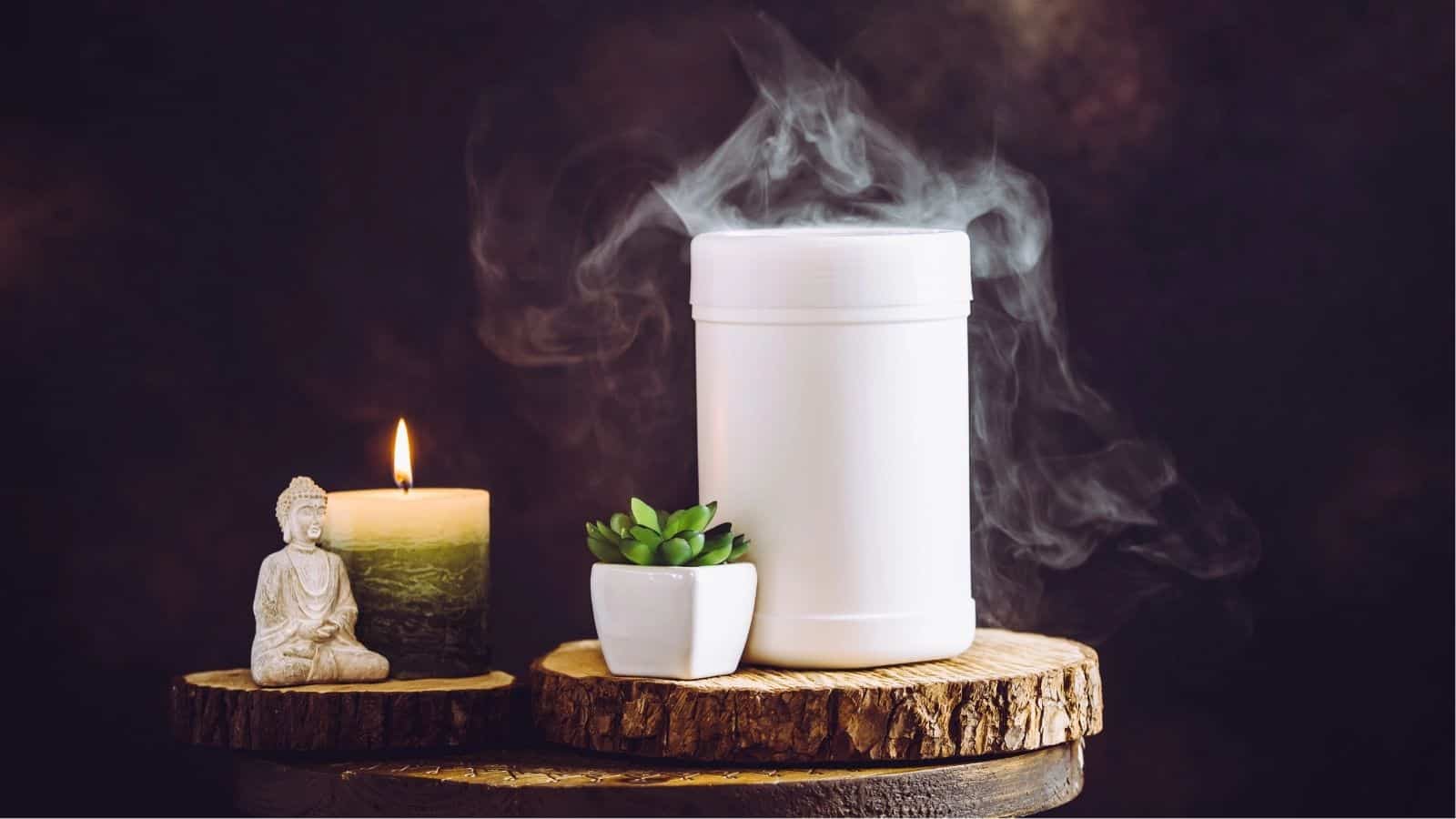 A white cremation urn with smoke, a lit candle, a small Buddha statue, and a potted succulent arranged on wooden disks against a dark background.