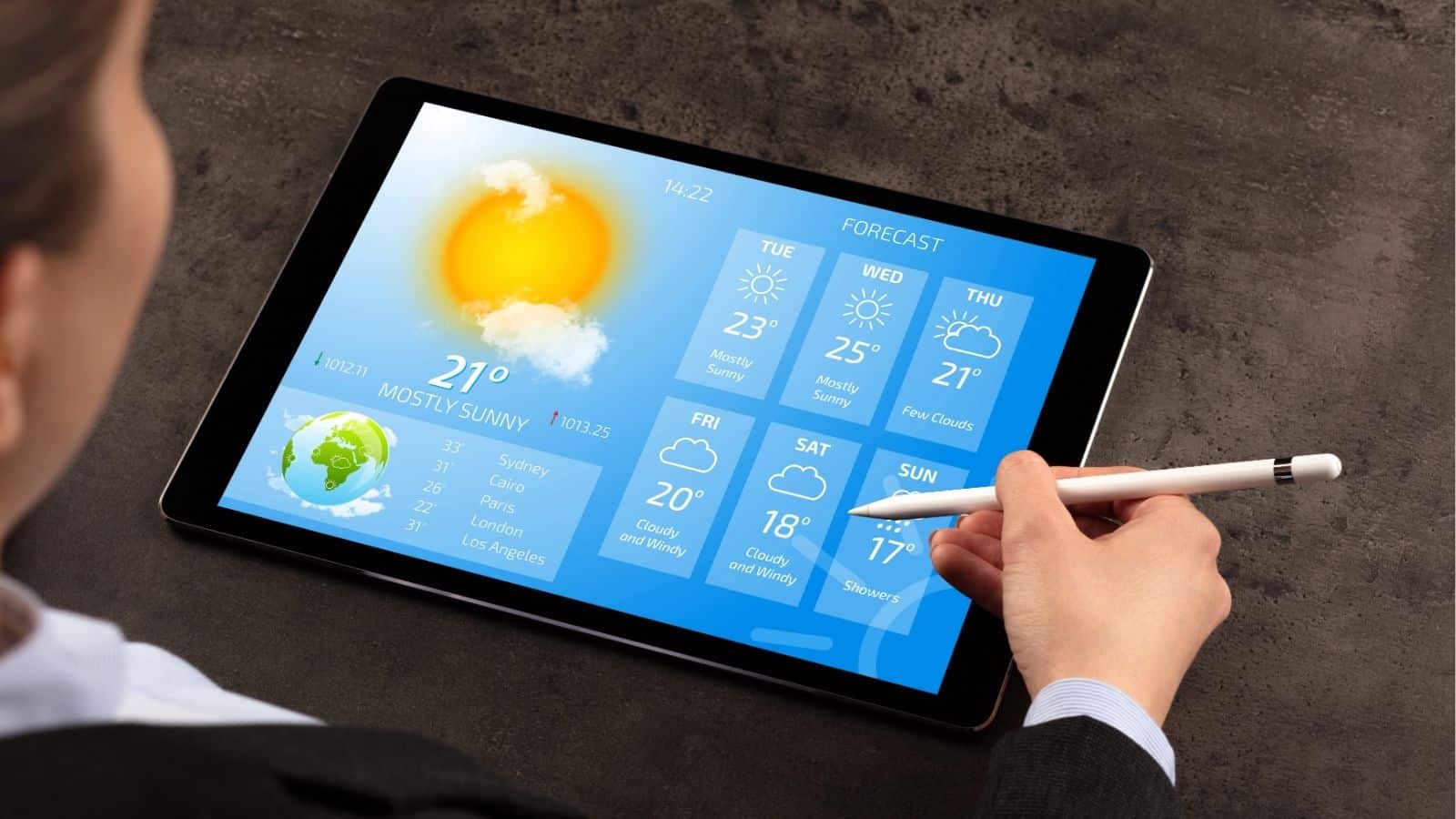 A person uses a stylus on a tablet displaying a weather forecast with temperatures, icons, and a map for several cities.