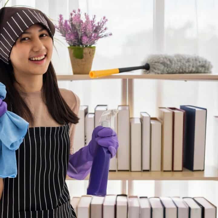 A woman wearing purple cleaning gloves and a striped apron holds cleaning supplies, standing in front of a bookshelf with books, a duster, and a potted plant.