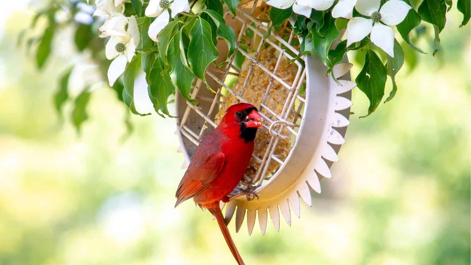 A red cardinal perches on a bird feeder surrounded by white flowers and green leaves.