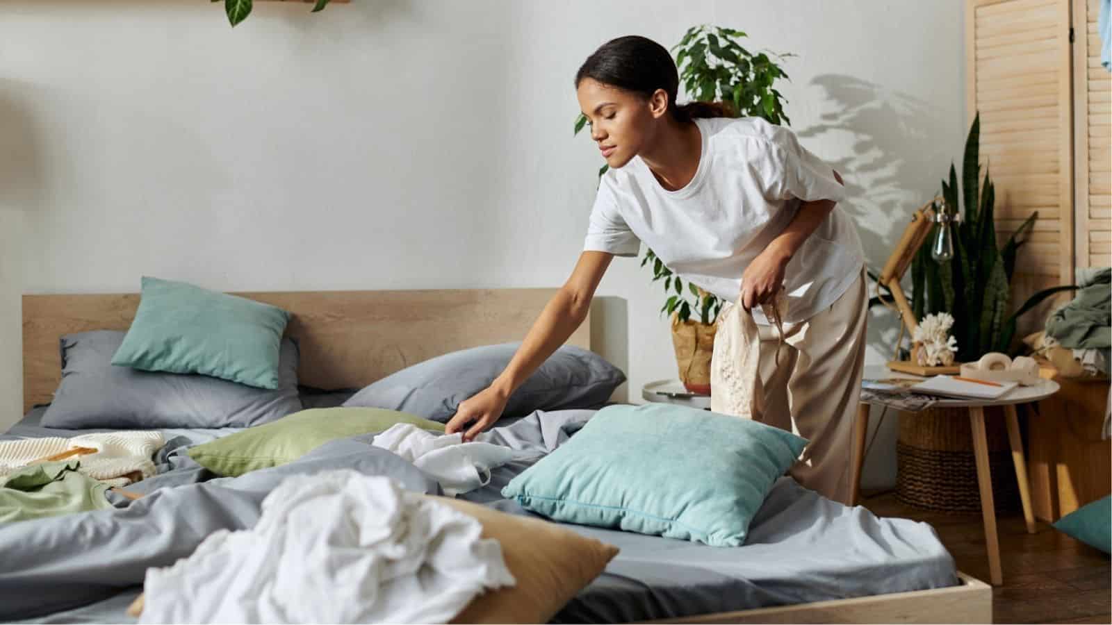 A person in a white t-shirt tidies up a bed with scattered pillows and clothes in a sunlit bedroom with plants in the background.