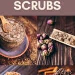 Collage showing four different homemade sugar scrub recipes in jars and bowls, with the text “schisandraandbergamot.com 5 DIY SUGAR SCRUBS.”