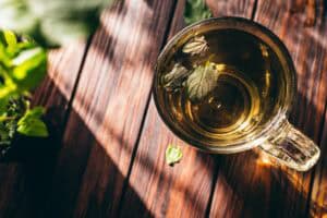 A glass mug of fresh mint tea with floating mint leaves sits on a wooden table, sunlight and shadows dancing across the surface.
