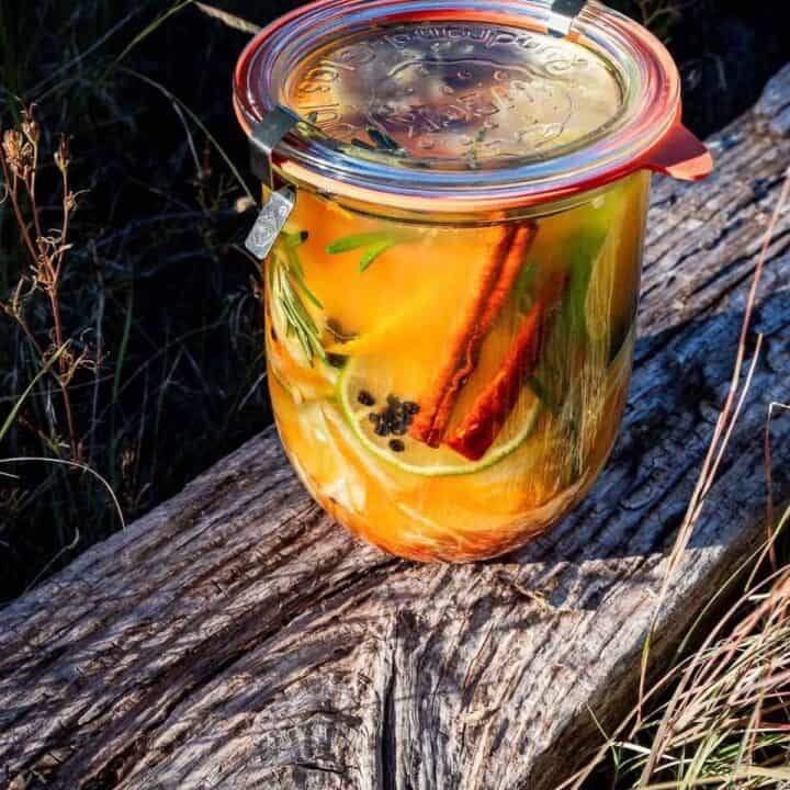 A sealed glass jar of fire cider, filled with liquid, citrus slices, cinnamon sticks, herbs, and peppercorns, sitting on a wooden log.