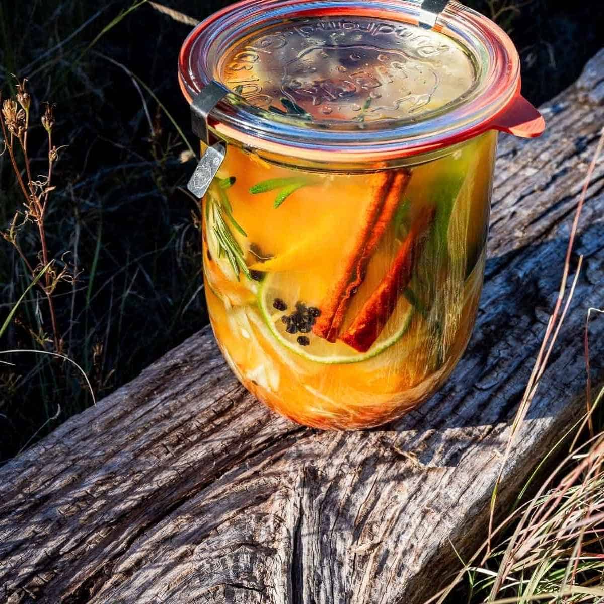 A sealed glass jar of fire cider, filled with liquid, citrus slices, cinnamon sticks, herbs, and peppercorns, sitting on a wooden log.