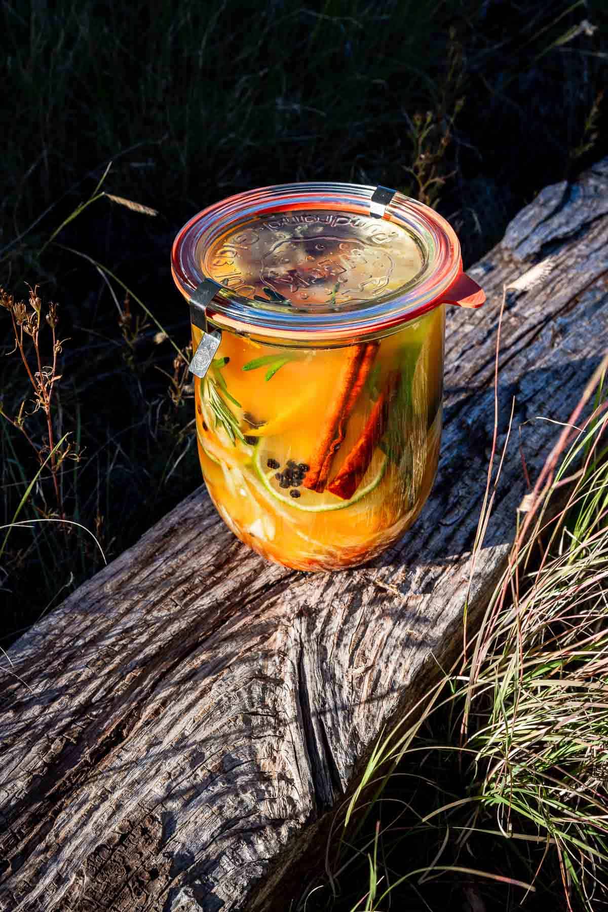 A sealed glass jar of fire cider, filled with citrus slices, cinnamon sticks, and herbs in liquid, sitting on a weathered wooden log.
